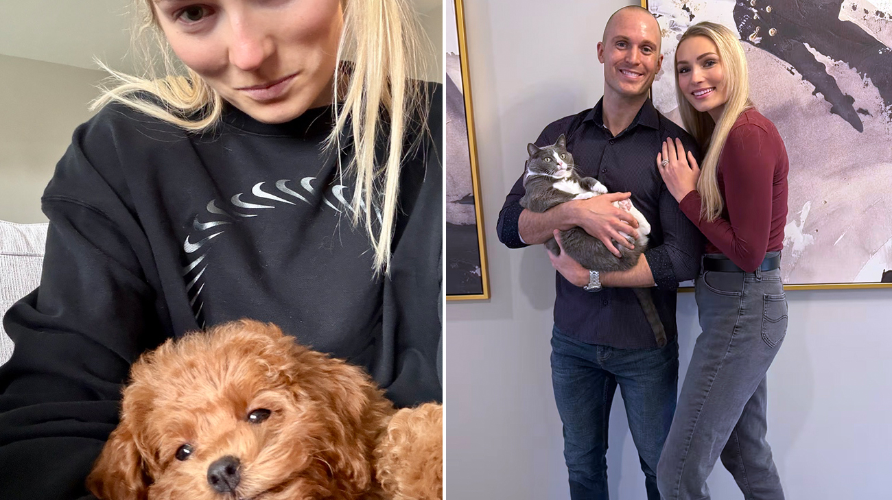 Vogue and her husband with their cat and dog. 