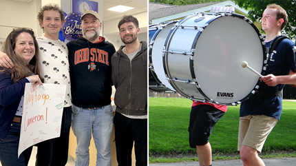 Cameron with family at end of treatment celebration, and Cameron in band
